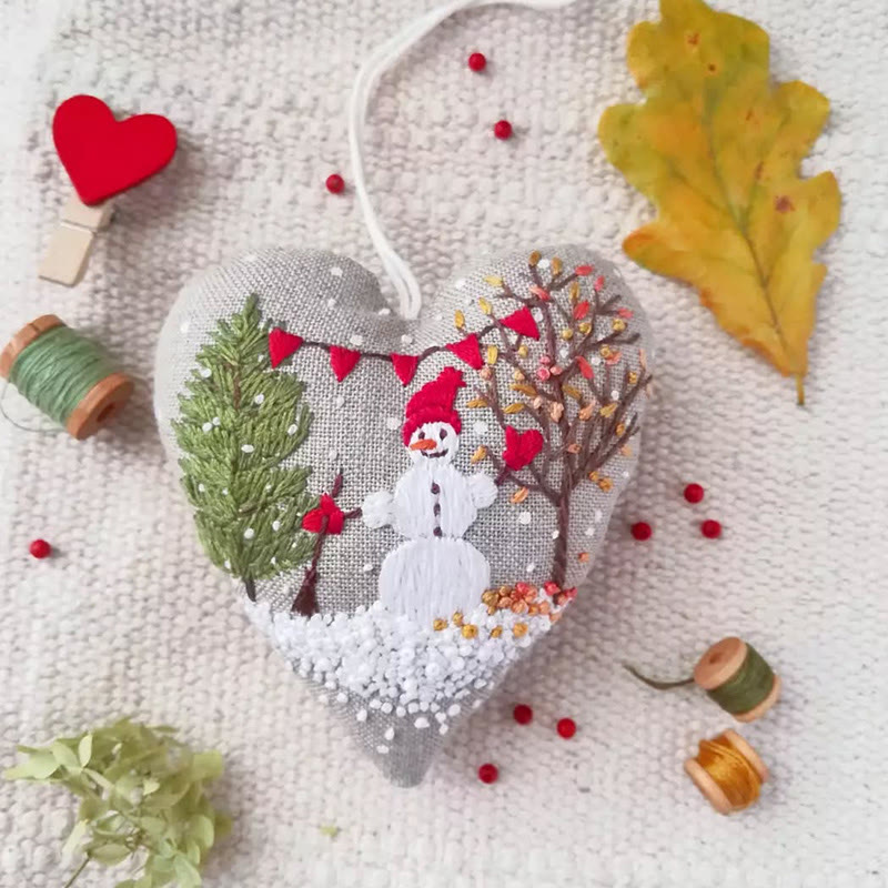 Rubbyoo Heart Embroidery Kit - Making Snowman | Unique Winter Craft | Christmas Hanging Decoration - 6 inches hoop kit - image 1