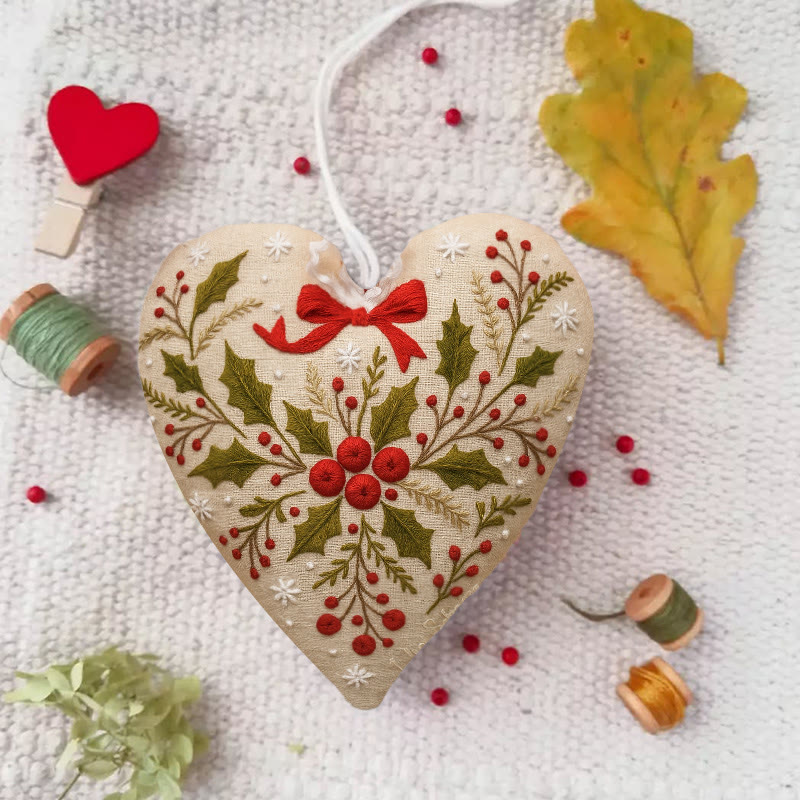 Rubbyoo Heart Embroidery Kit - Holly Leaves | Christmas Heart Hanging | Creative Home Ornament  - 6 inches hoop kit - image 1