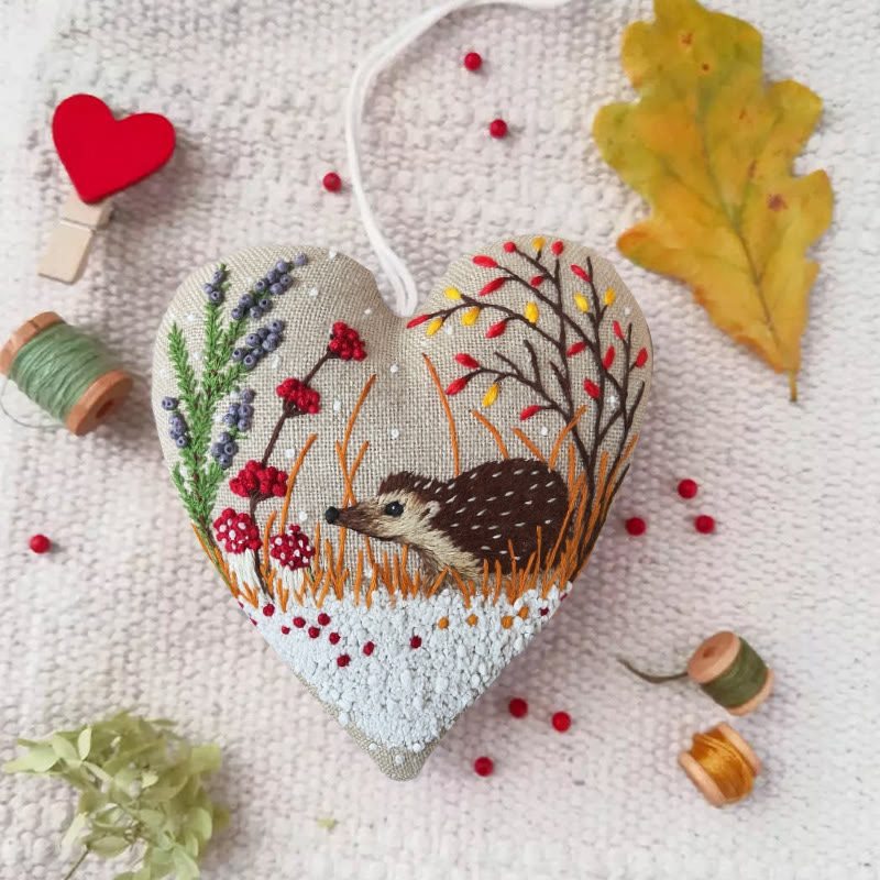 Rubbyoo Heart Embroidery Kit - Little Hedgehog | Winter Home Decor | Diy Animal Craft - 6 inches hoop kit - image 1