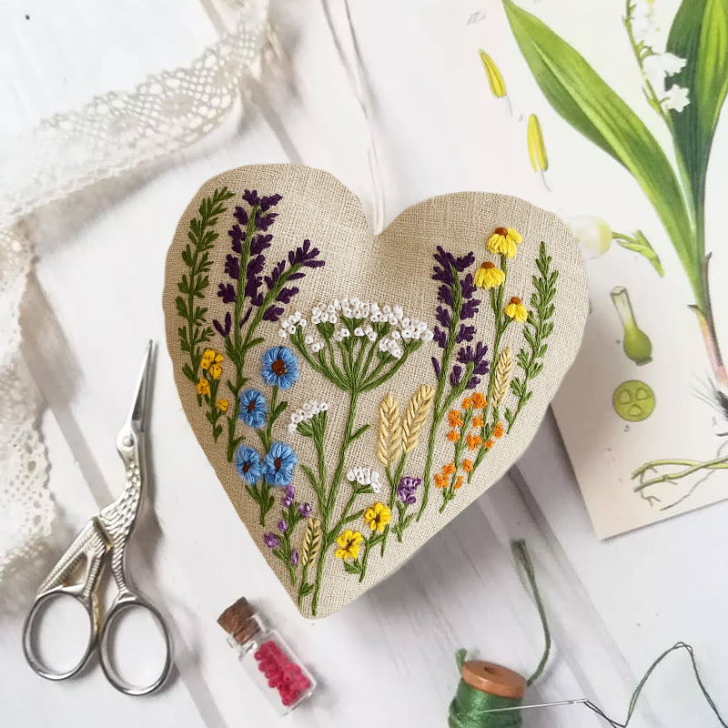 Rubbyoo Heart Embroidery Kit - Little Wildflower | Diy Floral Needlework | Unique Hanging Ornament - 6 inches hoop kit - image 1