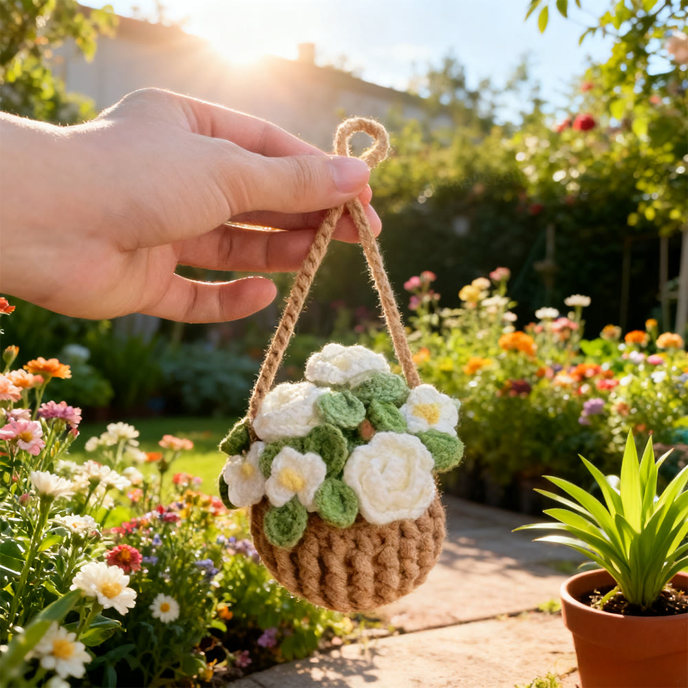 Diy Handmade Flower Pot Crochet Kit -  Flower Basket Hanging Craft | Nice For Garden Ornament  - White Rose - image 3