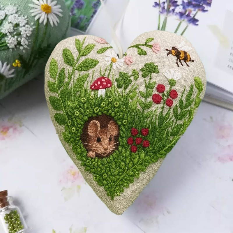 Rubbyoo Heart Embroidery Kit - Floral Mouse | Cute Animal Craft | Home Hanging Art - image 2