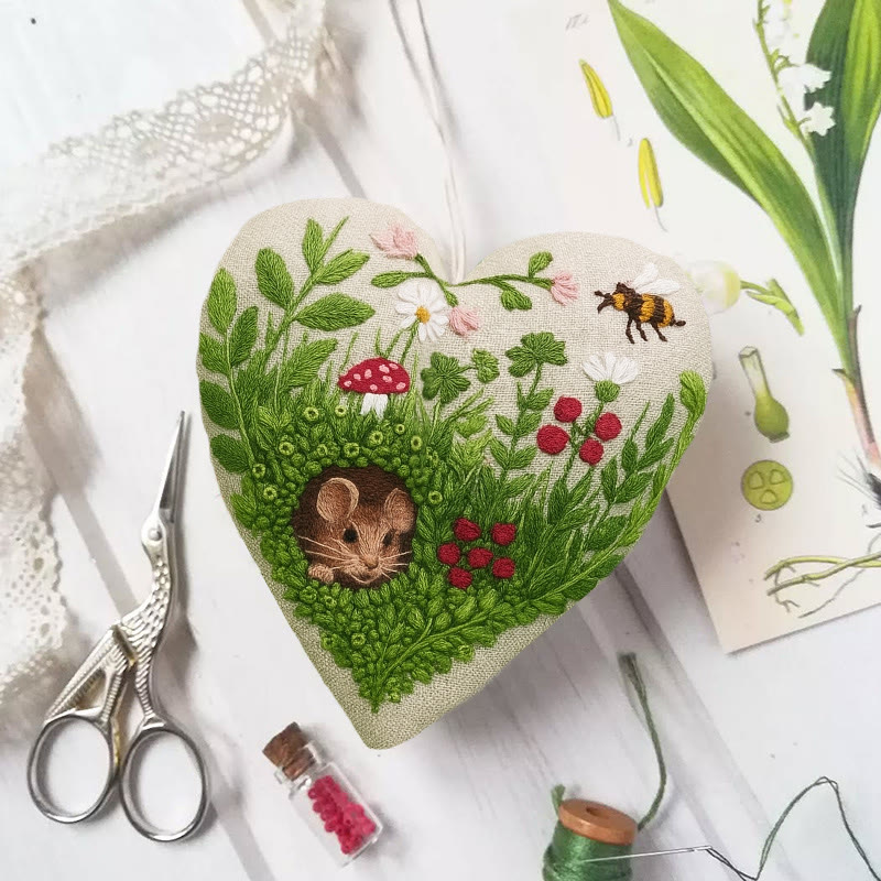 Rubbyoo Heart Embroidery Kit - Floral Mouse | Cute Animal Craft | Home Hanging Art - 6 inches hoop kit - image 1