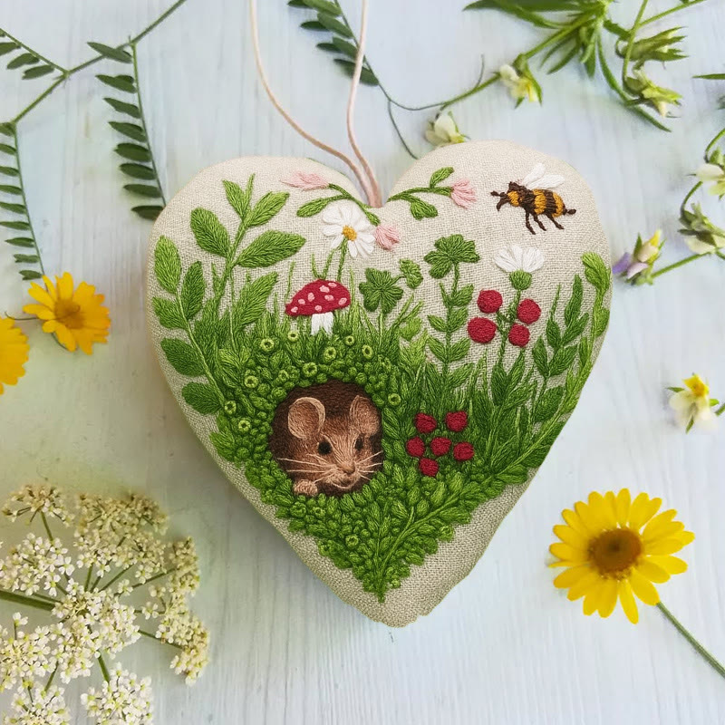 Rubbyoo Heart Embroidery Kit - Floral Mouse | Cute Animal Craft | Home Hanging Art - image 4