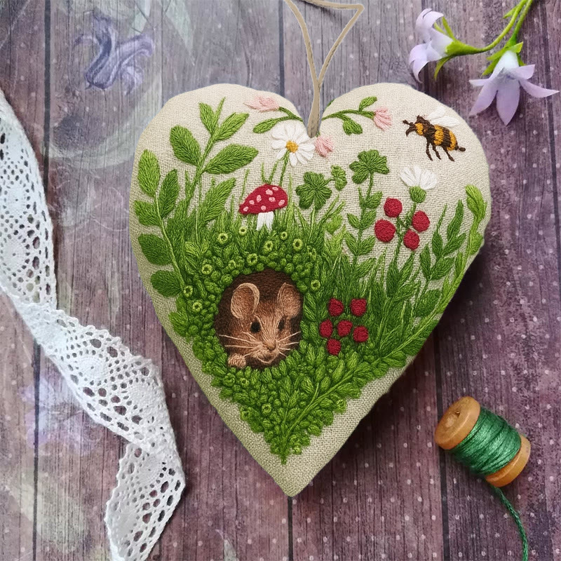 Rubbyoo Heart Embroidery Kit - Floral Mouse | Cute Animal Craft | Home Hanging Art - image 3