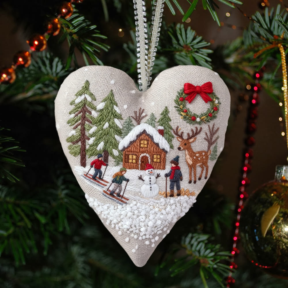 Rubbyoo Heart Embroidery Kit - Winter Skiing | Christmas Stitch Art | Diy Handmade Craft  - 6 inches hoop kit - image 1