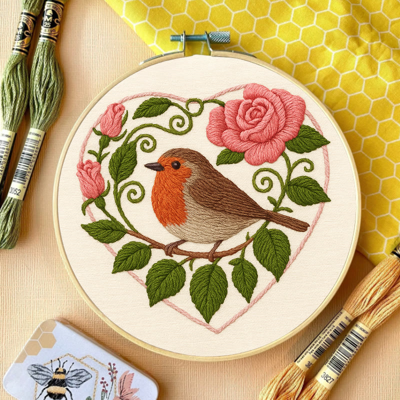 Rubbyoo Embroidery Kit - Rose Robin | Diy Stitch Bird Decor | Nice Handmade Gift For Her - image 2