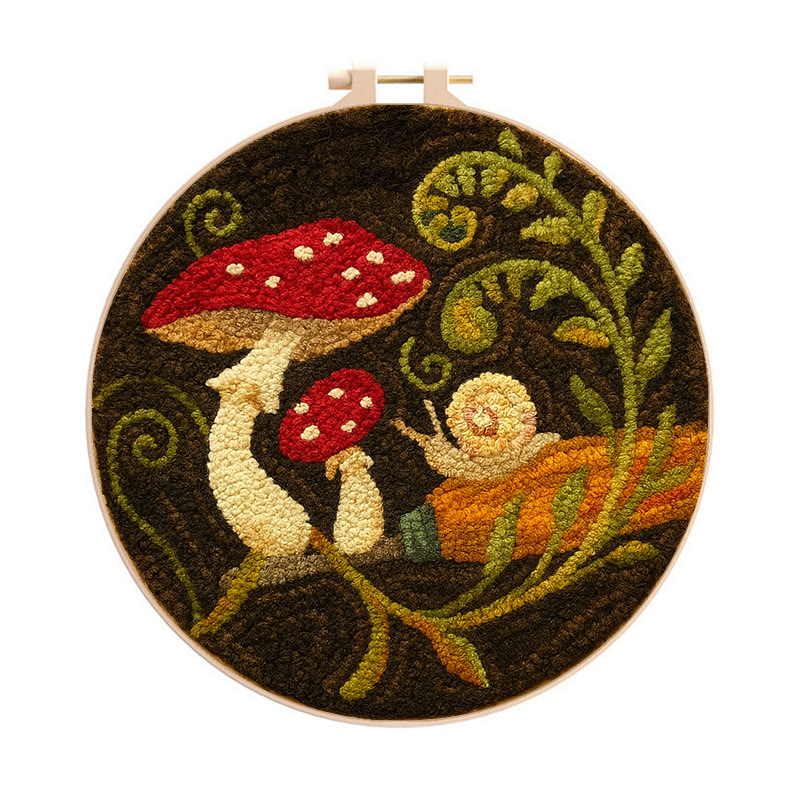 Cute Mushroom Punch Needle Kit - Wall Ornament Gift | Beginner Handmade Needlework - 8 inch Hoop Kit - image 1