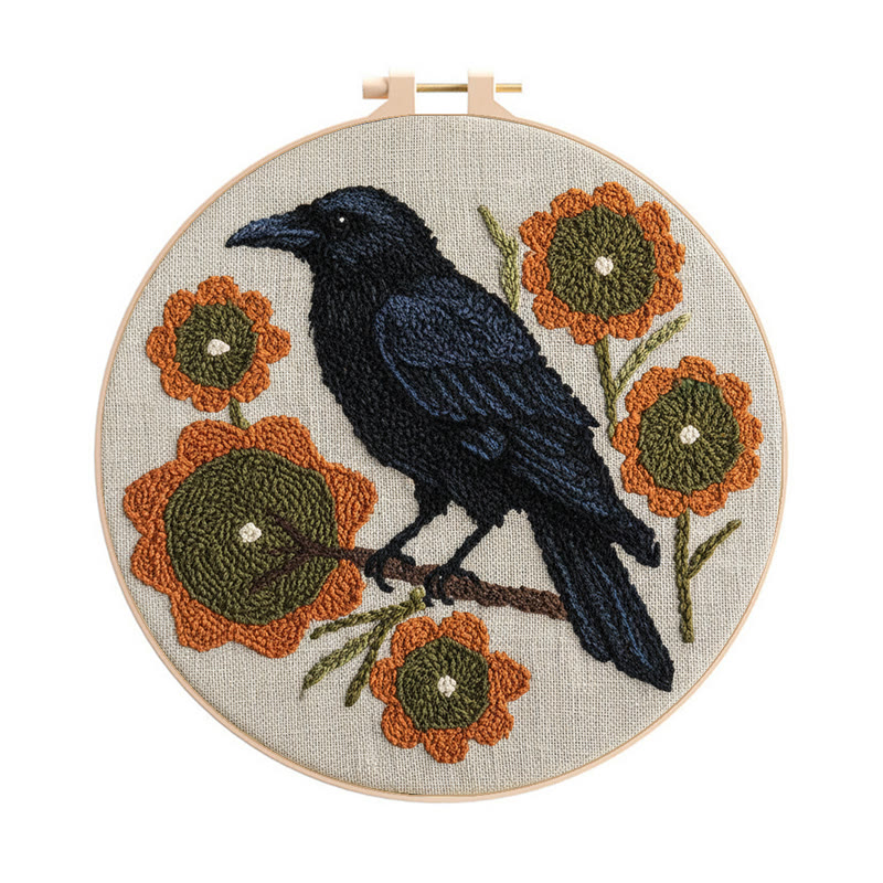  Sunflower Crow Punch Needle Kit - Diy Bird Handicraft | Decorative Hoop Art  - 8 inch Hoop Kit - image 1