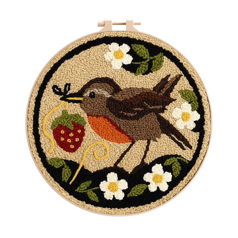 Strawberry Bird Punch Needle Kit - Diy Needle Yarn Craft | Beginner Handmade Art - 8 inch Hoop Kit - image 1