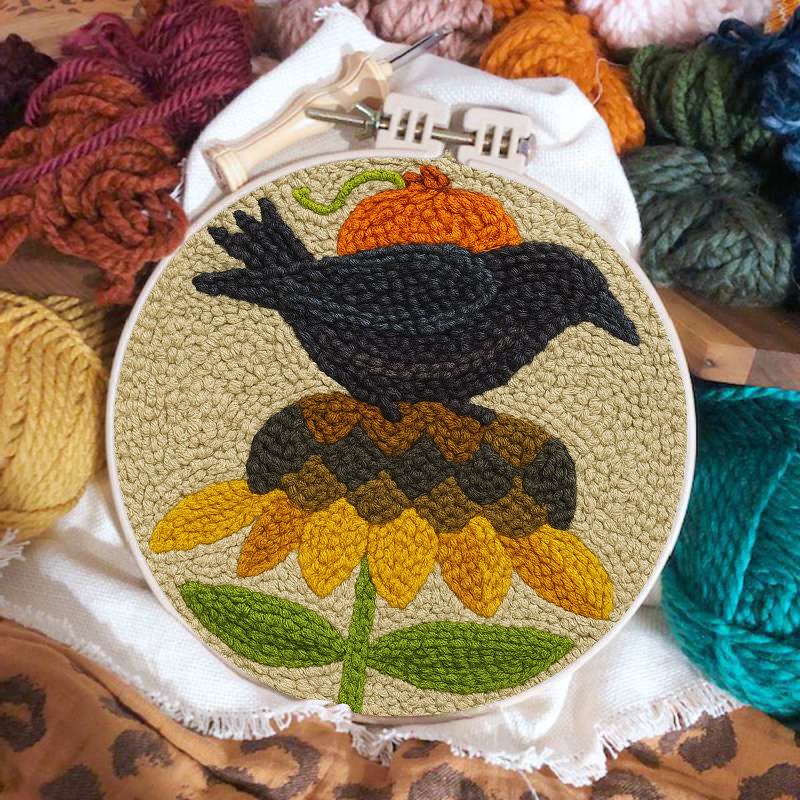 Floral Raven Punch Needle Kit - Handmade Bird Craft | Home Hanging Decor - image 2