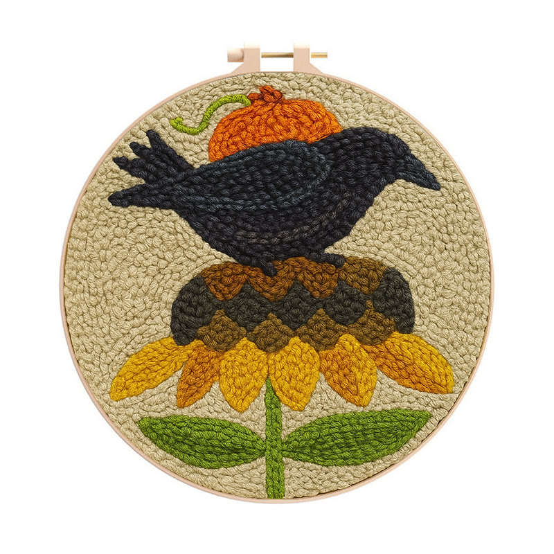 Floral Raven Punch Needle Kit - Handmade Bird Craft | Home Hanging Decor - 8 inch Hoop Kit - image 1