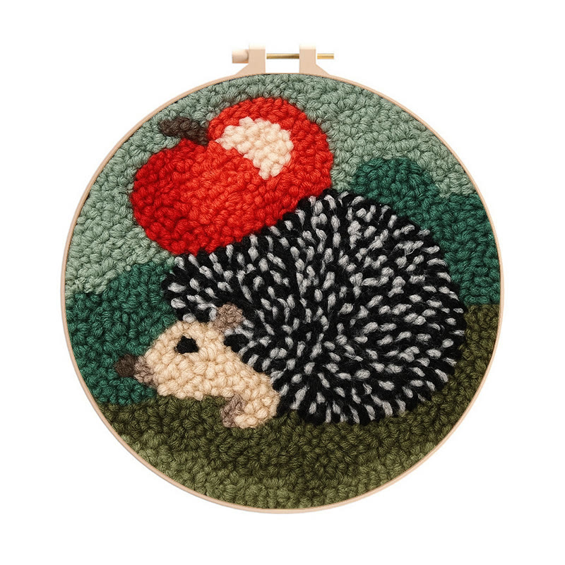  Apple Hedgehog Punch Needle Kit - Diy Animal Coaster | Nice Desk Ornament  - 8 inch Hoop Kit - image 1