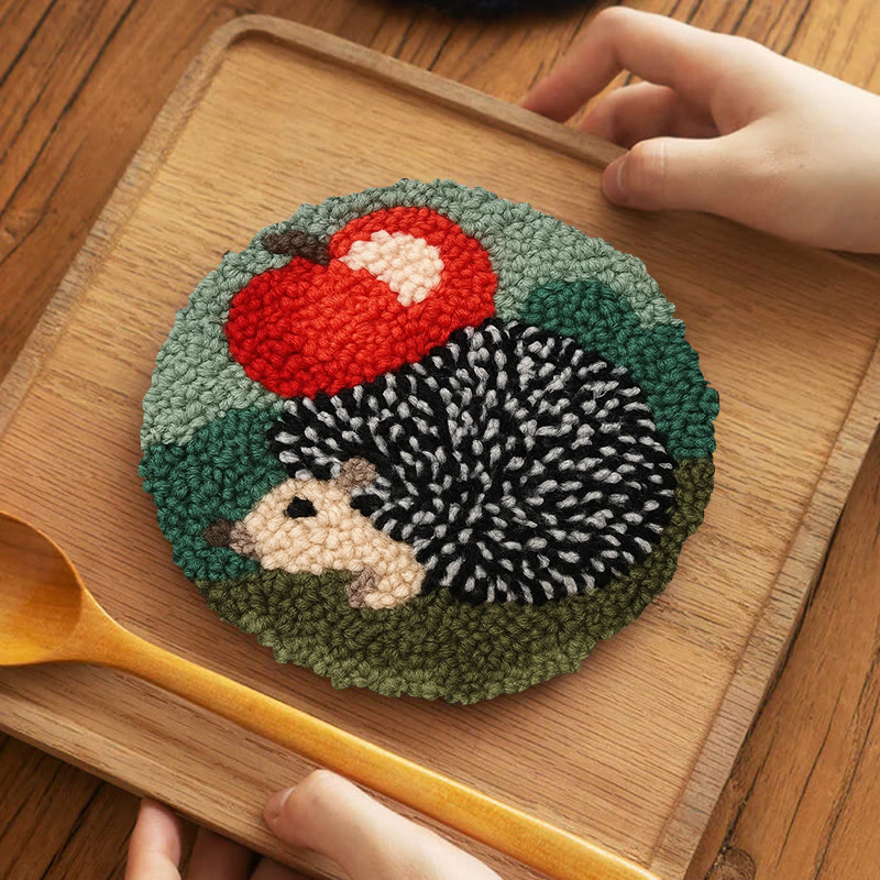  Apple Hedgehog Punch Needle Kit - Diy Animal Coaster | Nice Desk Ornament  - 5 inch Coaster Kit - image 11