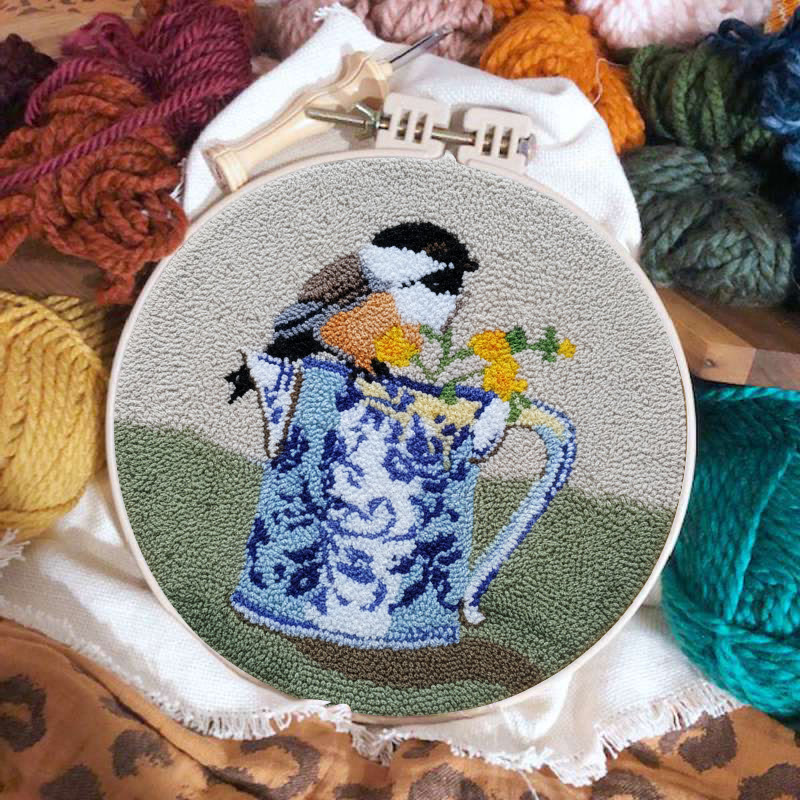  Bird With Teapot Punch Needle Kit - Lovely Bird Handicraft |  Diy Decorative Hoop Art - image 2