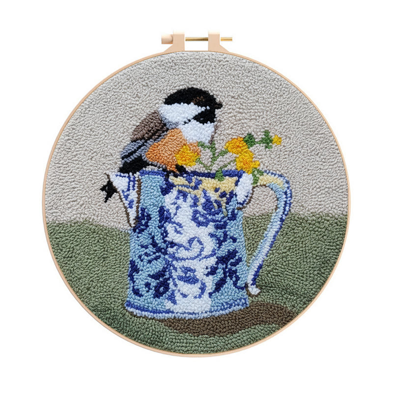  Bird With Teapot Punch Needle Kit - Lovely Bird Handicraft |  Diy Decorative Hoop Art - 8 inch Hoop Kit - image 1