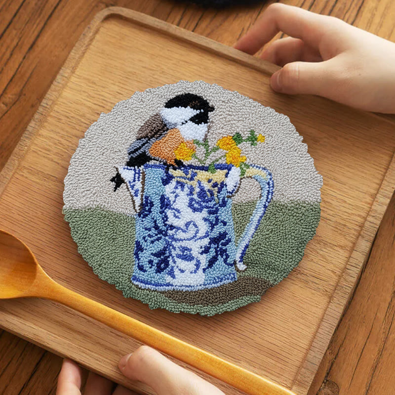  Bird With Teapot Punch Needle Kit - Lovely Bird Handicraft |  Diy Decorative Hoop Art - 5 inch Coaster Kit - image 11