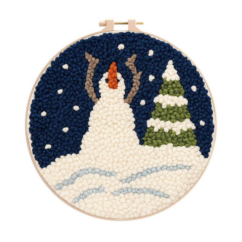 Christmas Snowman And Tree Punch Needle Kit - Handmade Needle Craft | Festival Decoration Gift  - 8 inch Hoop Kit - image 1