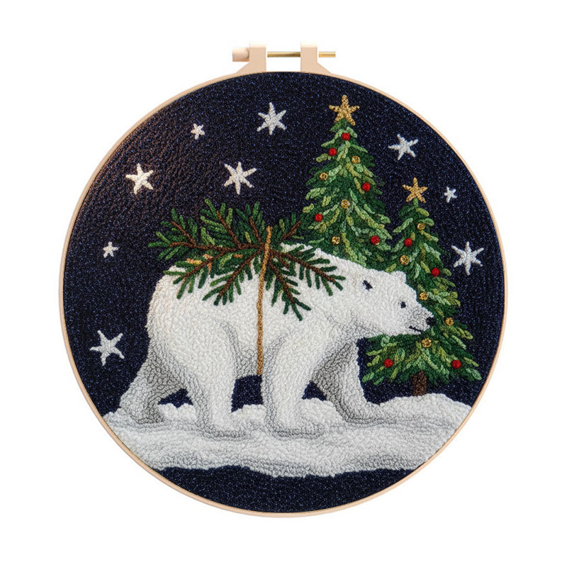 Polar Bears Punch Needle Kit - Christmas Tree Ornament | Easy Handmade Craft For Adults - 8 inch Hoop Kit - image 1