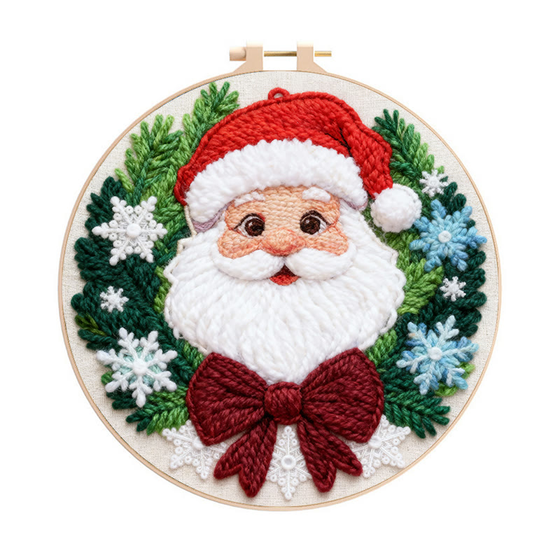 Happy Santa Claus Punch Needle Kit - Diy Beginner Handicraft | Christmas Tree Hanging Art - 8 inch Hoop Kit - image 1