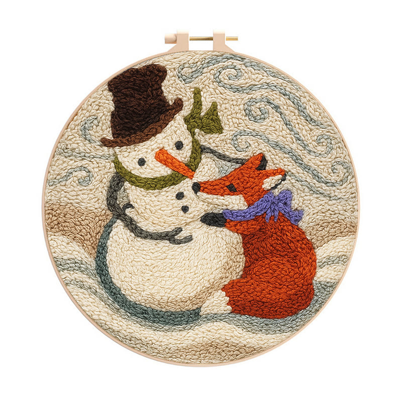 Fox And Snowman Punch Needle Kit - Winter Animal Artwork | Unique Christmas Collection  - 8 inch Hoop Kit - image 1