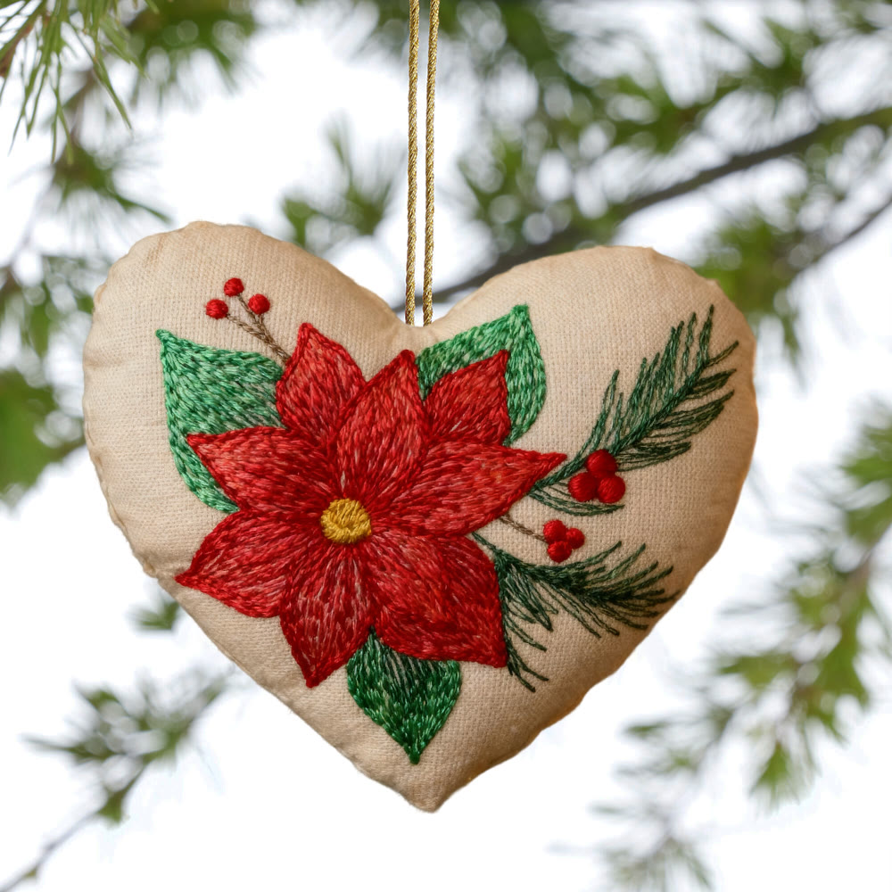Rubbyoo Heart Embroidery Kit - Winter Poinsettia | Christmas Floral Ornament | Handmade Hoop Art  - image 2