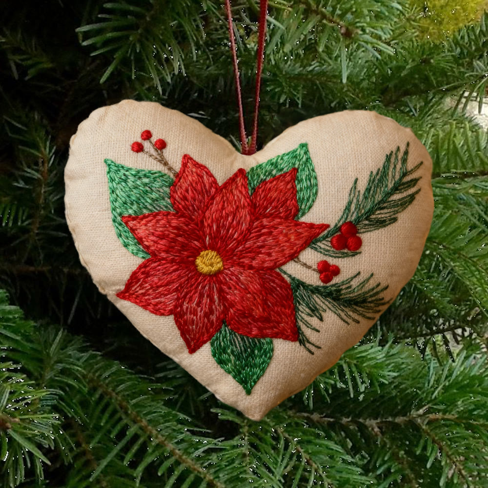 Rubbyoo Heart Embroidery Kit - Winter Poinsettia | Christmas Floral Ornament | Handmade Hoop Art  - 6 inches hoop kit - image 1