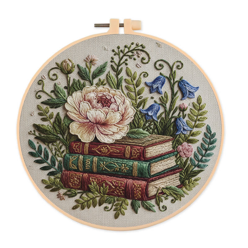 Rubbyoo Embroidery Kit - Blooming Flower With Book | Perfect Bookshelf Ornament | Nice Gifts For Her - 20*20cm - image 1