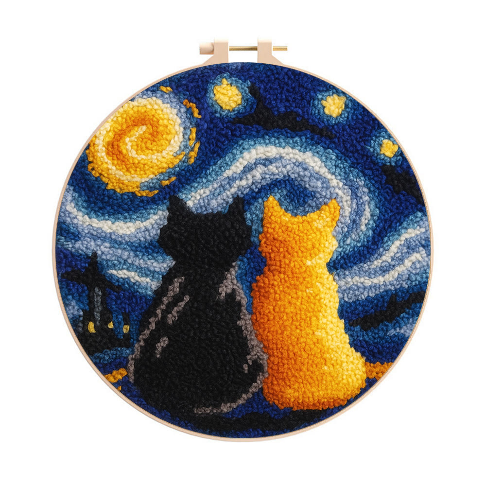 Starry Sky With Cats Punch Needle Kit - Creative Coaster Art | Unique Desk Decor  - 8 inch Hoop Kit - image 1