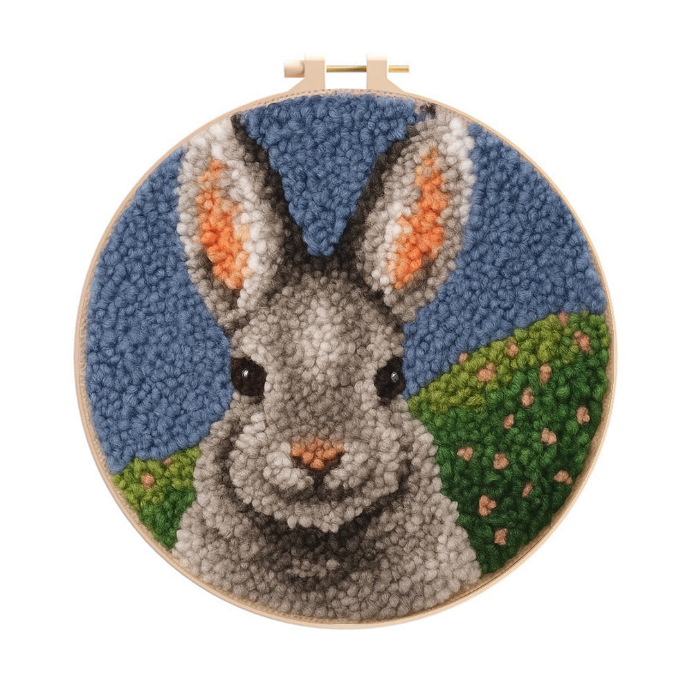 Lovely Grey Rabbit Punch Needle Kit - Diy Needlepoint For Beginner | Nice Handmade Craft - 8 inch Hoop Kit - image 1
