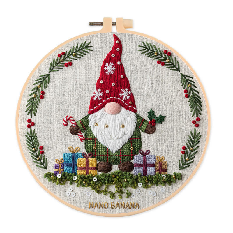 Rubbyoo Embroidery Kit - Christmas Gnome With Gifts | Christmas Celebration Craft | Diy Needle Art - 20*20cm - image 1