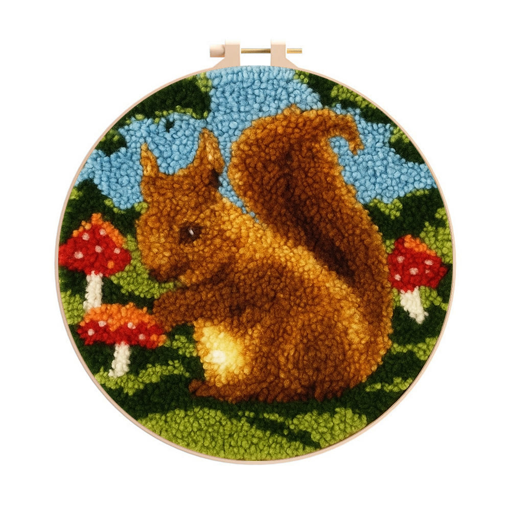 Squirrel Mushroom Punch Needle Kit - Nature Craft | Ideal for Home Decor - 8 inch Hoop Kit - image 1