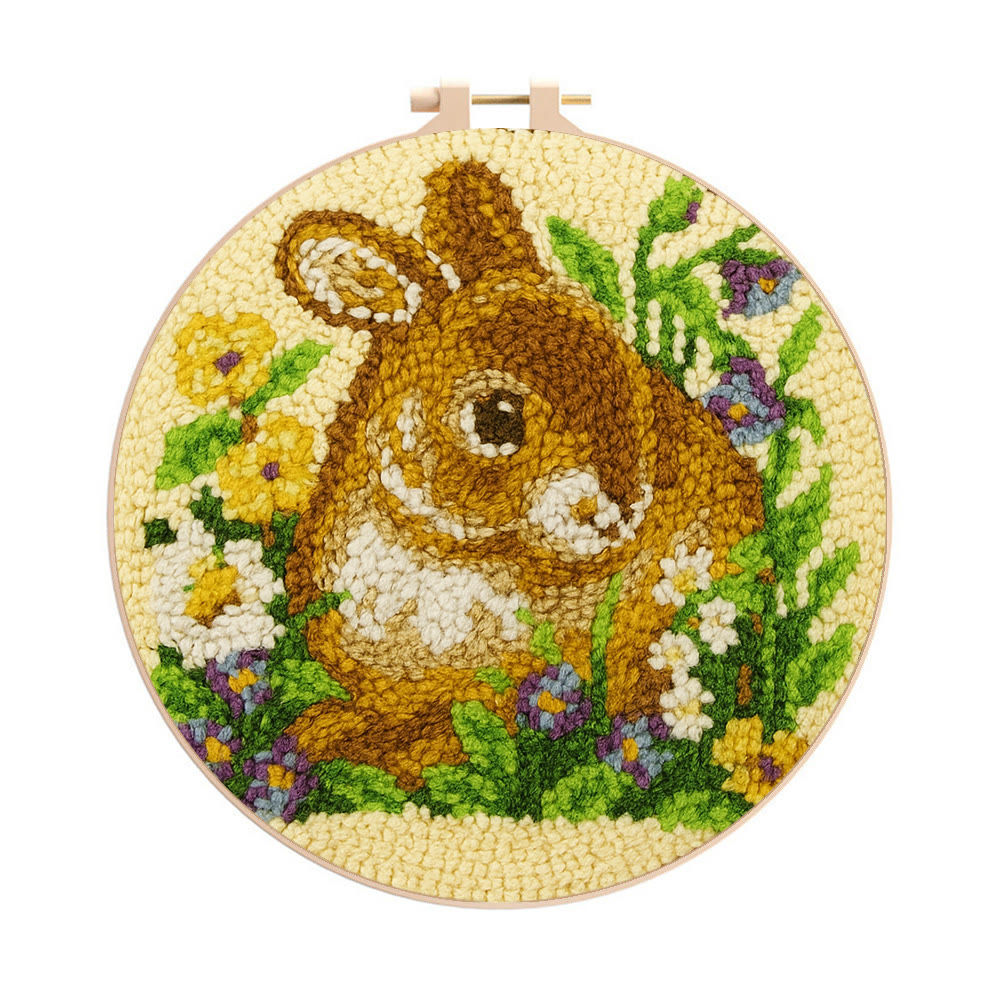 Bunny In Floral Meadow Punch Needle Kit - Handstitched Creation | Exquisite Hanging Ornament - 8 inch Hoop Kit - image 1