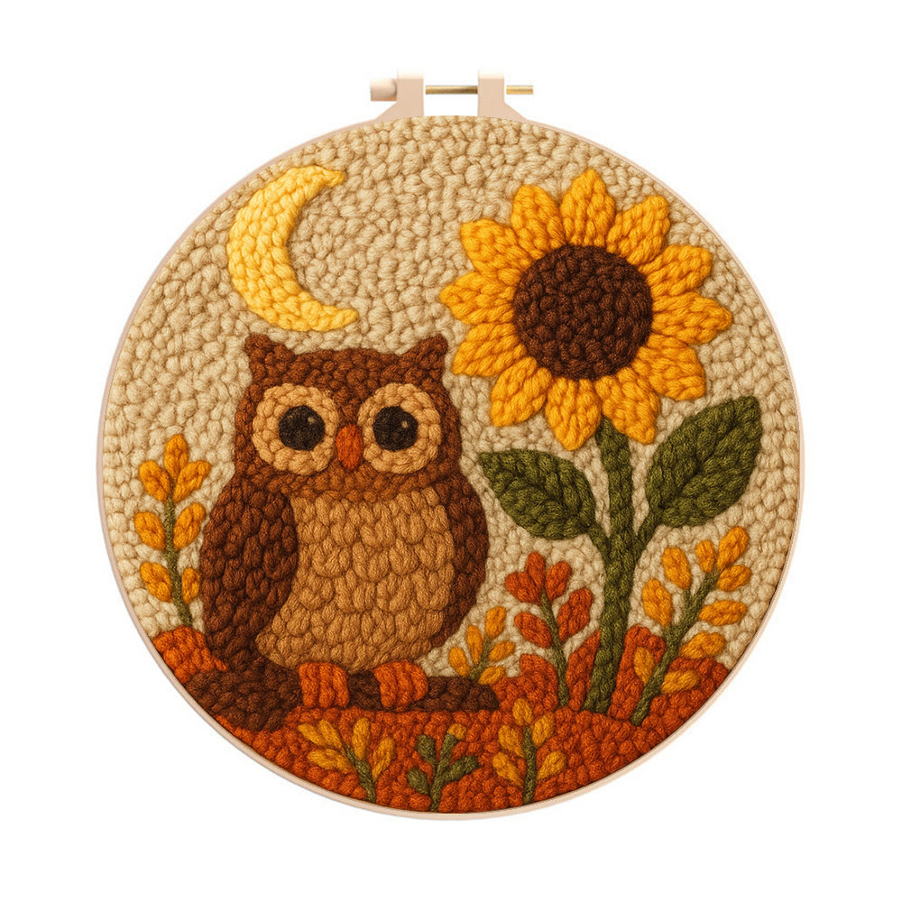 Autumn Owl Sunflower Punch Needle Kit - Gift For Diy Enthusiasts | Cozy Home Decor  - 8 inch Hoop Kit - image 1