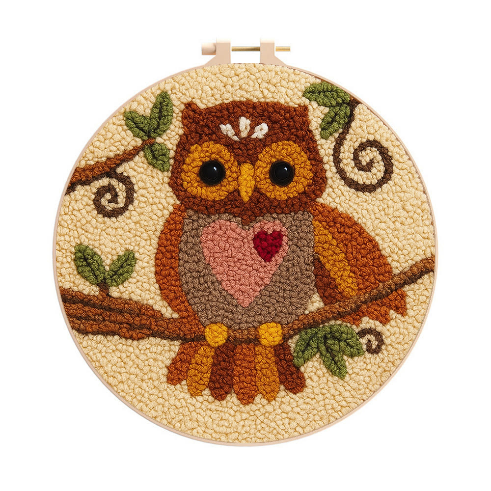 Heart Owl Punch Needle Kit - Diy Beginner | Whimsical Home Handmade - 8 inch Hoop Kit - image 1