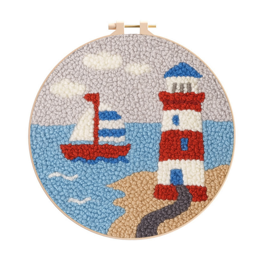 Seaside Lighthouse Punch Needle Kit - Handcrafted Art | Vibrant Handcraft Treasure - 8 inch Hoop Kit - image 1