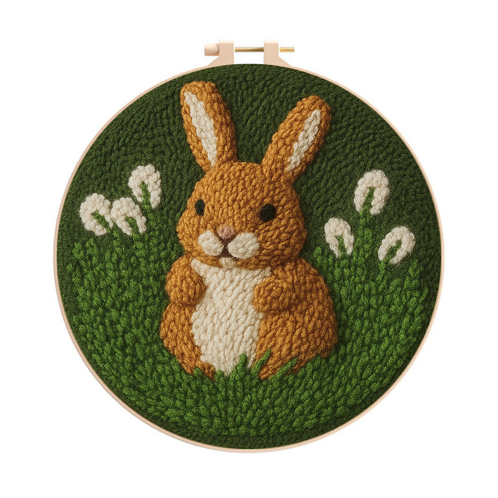 Bunny In Meadow Punch Needle Kit - Handcrafted Art | Charming Diy - 8 inch Hoop Kit - image 1
