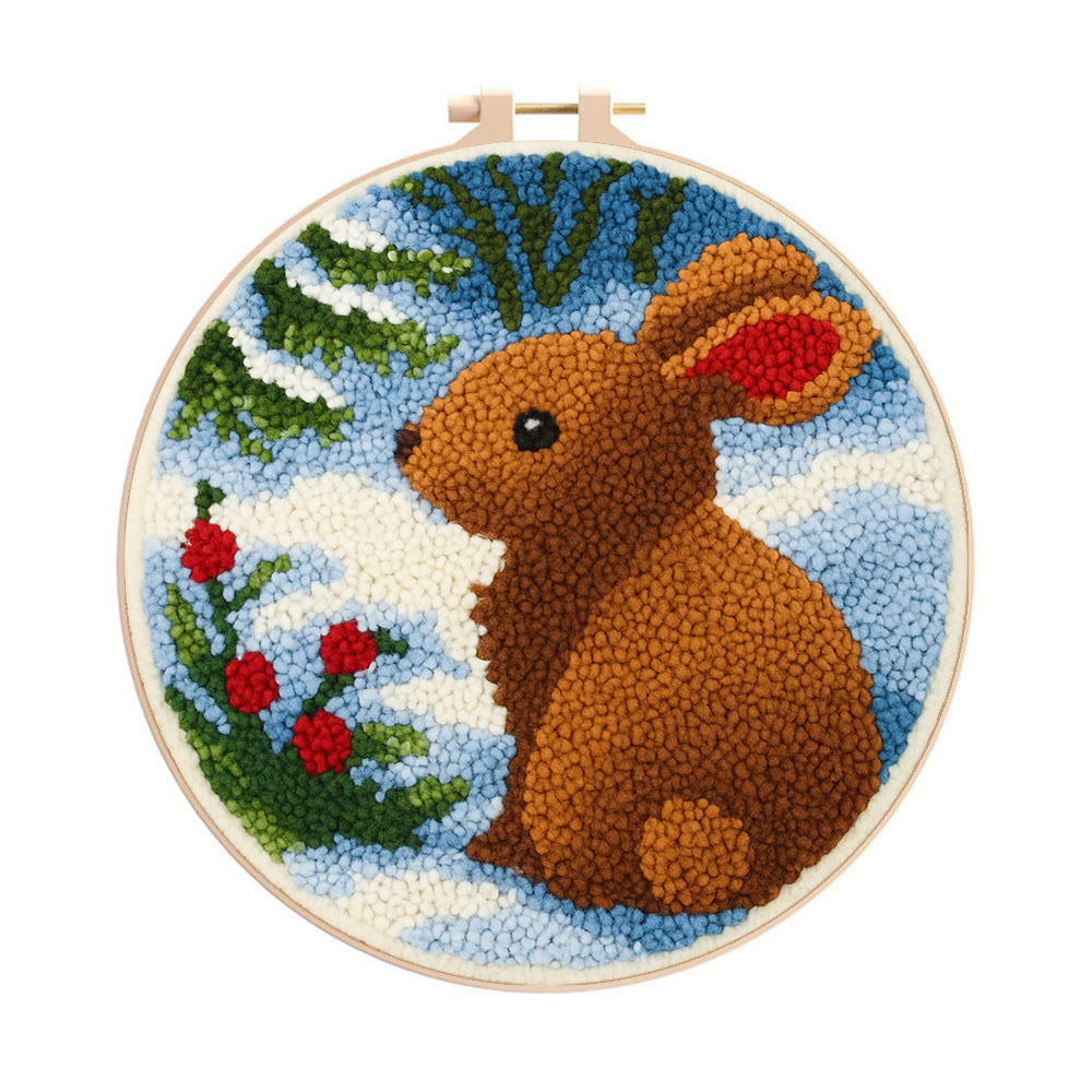 Winter Bunny Punch Needle Kit - Artisan-crafted Piece | Seasonal Decor - 8 inch Hoop Kit - image 1