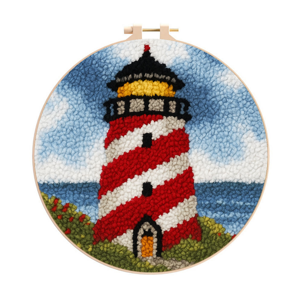 Nautical Lighthouse Punch Needle Kit - Playful Desert Decor | Whimsical Diy Creation - 8 inch Hoop Kit - image 1