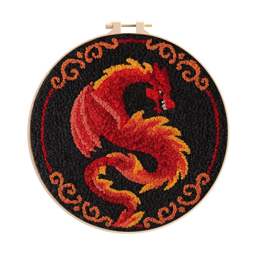 Fire Dragon Punch Needle Kit - Artisan-crafted Art | Fantasy Decor Accent - 8 inch Hoop Kit - image 1