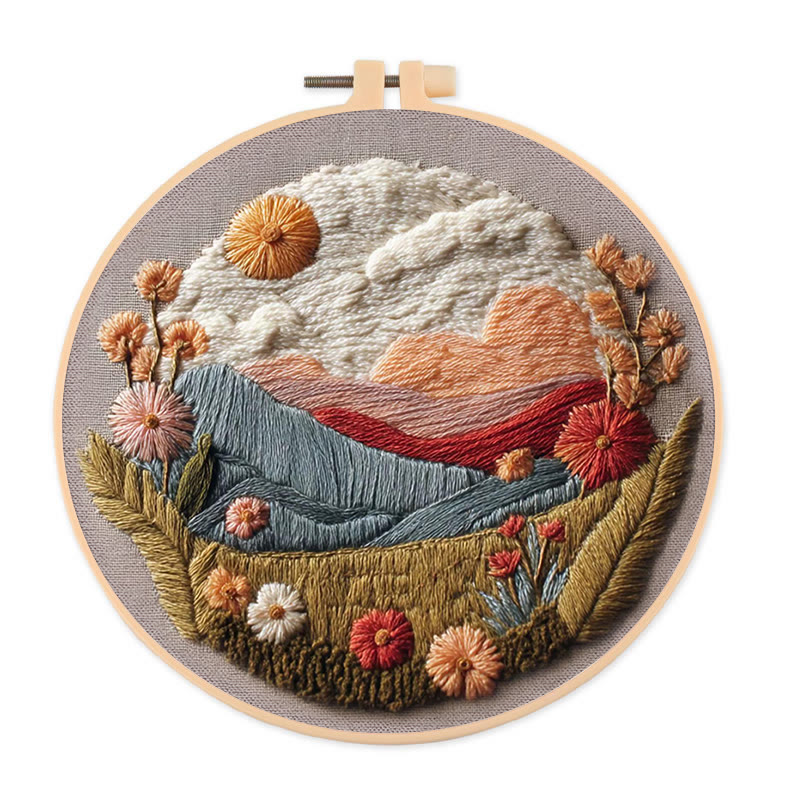 Rubbyoo Embroidery Kit - Floral Mountain Sunset | Nature Diy Craft | Boho Home Decor - 20*20cm - image 1
