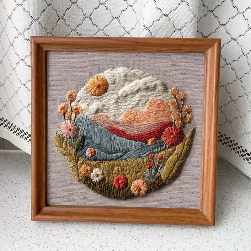 Rubbyoo Embroidery Kit - Floral Mountain Sunset | Nature Diy Craft | Boho Home Decor - Embroidery Kit Plus An Extra Frame - image 2