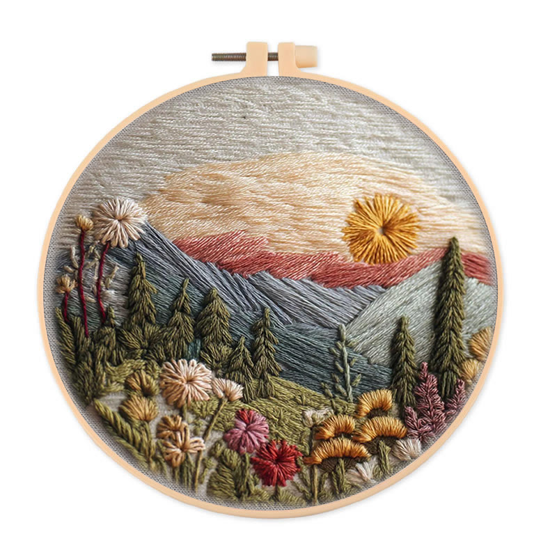 Rubbyoo Embroidery Kit - Alpine Floral Sunset | Outdoor-inspired Diy | Boho Wall Art Kit - 20*20cm - image 1