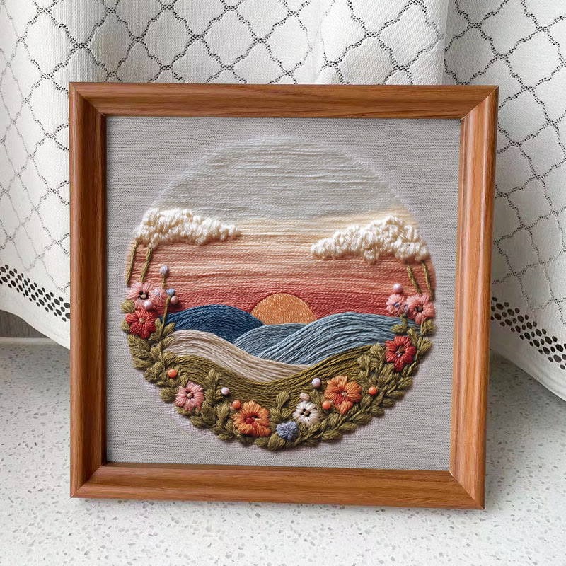 Rubbyoo Embroidery Kit - Floral Sunset Landscape | Scenic Diy Craft | Artistic Home Accent Kit - Embroidery Kit Plus An Extra Frame - image 2