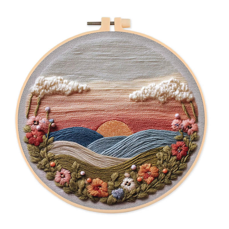 Rubbyoo Embroidery Kit - Floral Sunset Landscape | Scenic Diy Craft | Artistic Home Accent Kit - 20*20cm - image 1