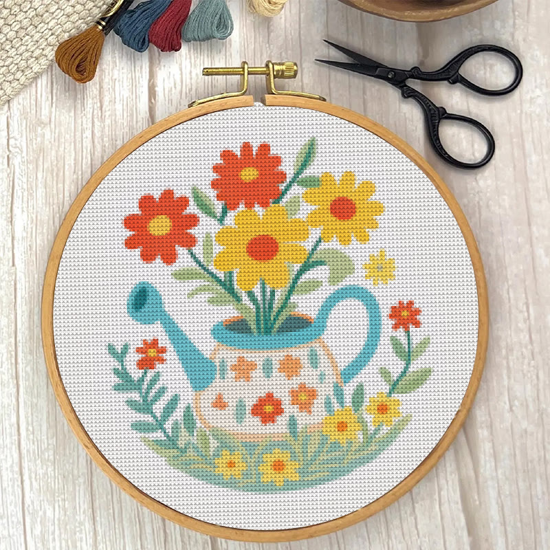 Cross Stitch Kit - Watering Can | Floral Handmade Needlework | Perfect For Wall Hanging  - image 2
