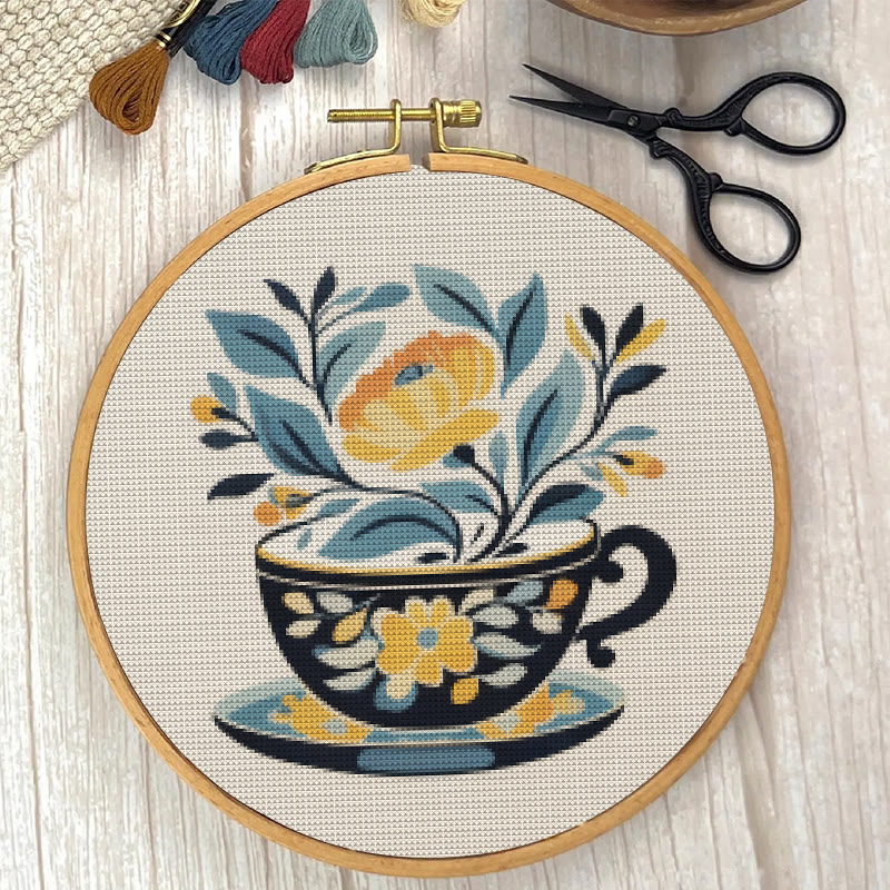 Cross Stitch Kit - Floral Teacup | Elegant Needle Craft | Hoop Art For Hanging Decoration  - image 3