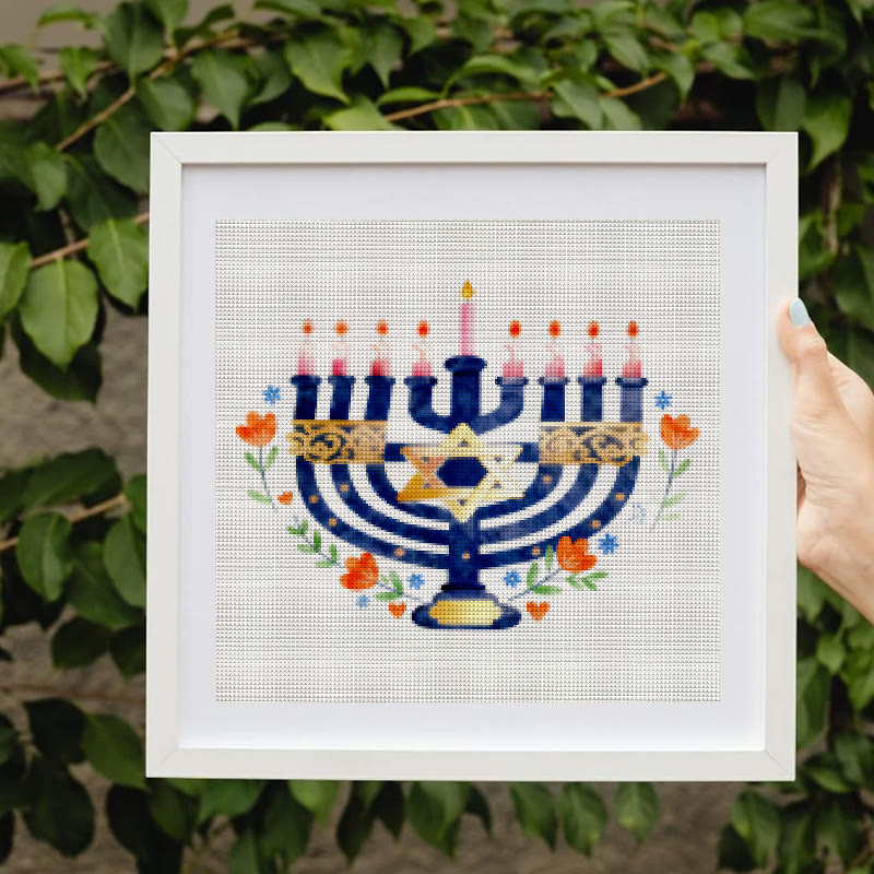 Cross Stitch Kit - Hanukkiah Candlestick | Diy Christmas Ornament | Personalised Handmade Gift - image 1