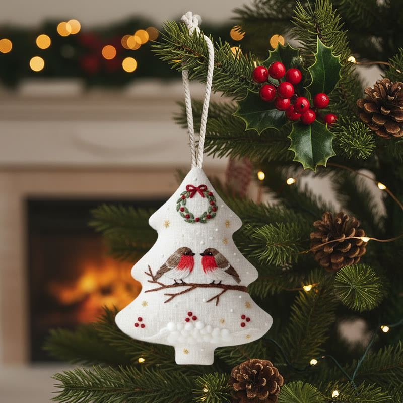 Rubbyoo Tree-shaped Embroidery Kit - Robin Perched On Wreath | Handstitched Craft | Festive Home Decor - image 1