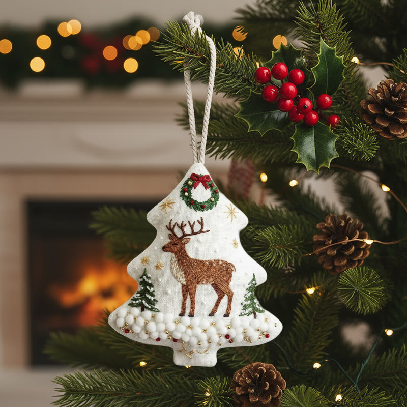 Rubbyoo Tree-shaped Embroidery Kit - Reindeer Amid Snowy Pines | Hand Embroidery Art | Festive Decor Highlight - image 1